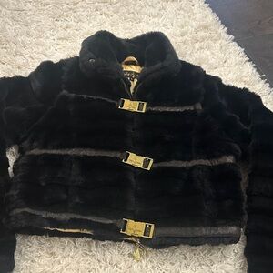 Baby Phat Black Faux Fur Jacket with Gold Accents